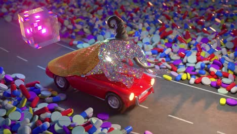 elephant in a sparkling car on a pile of drugs