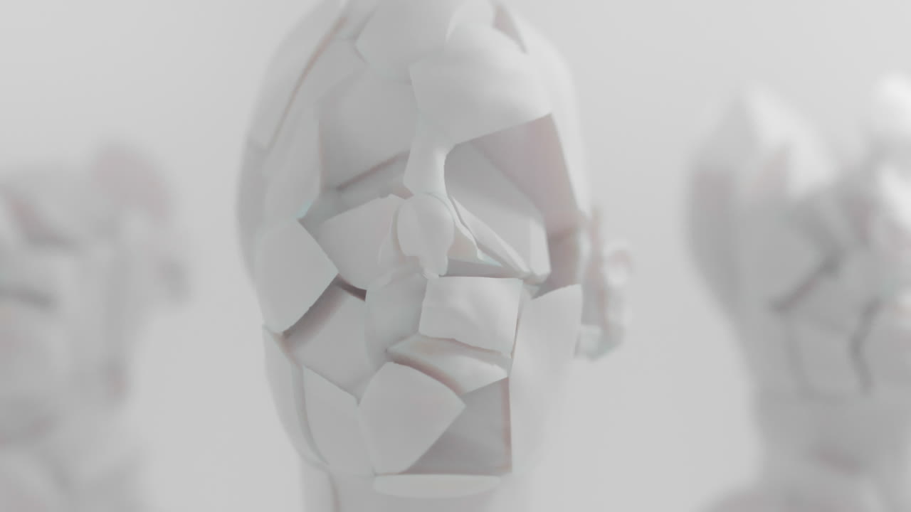 Three crushed android heads on spikes in white space