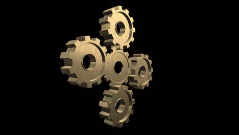 gears spinning flies alone and become one gold gear. black background. alpha channel