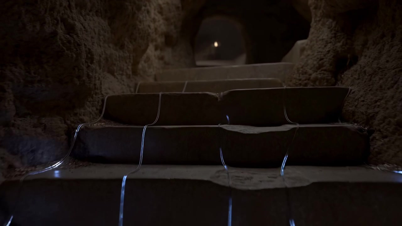 Una scala di grotta fioca mostra una graduale rivelazione di superfici in pietra a gradini con accenti blu luminosi lungo i bordi, pareti rocciose, illuminazione fioca e una composizione centrata che crea un'atmosfera sotterranea misteriosa.