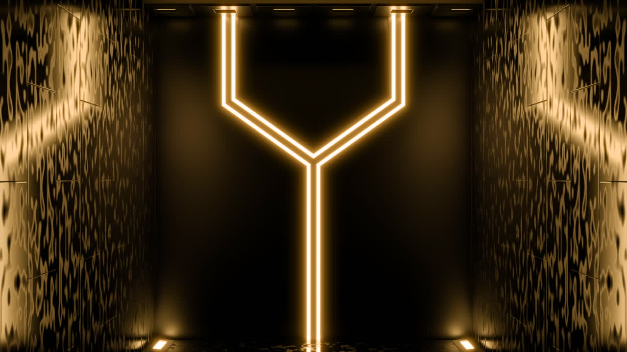 Corridoio futuristico dorato con luce al neon a forma di Y