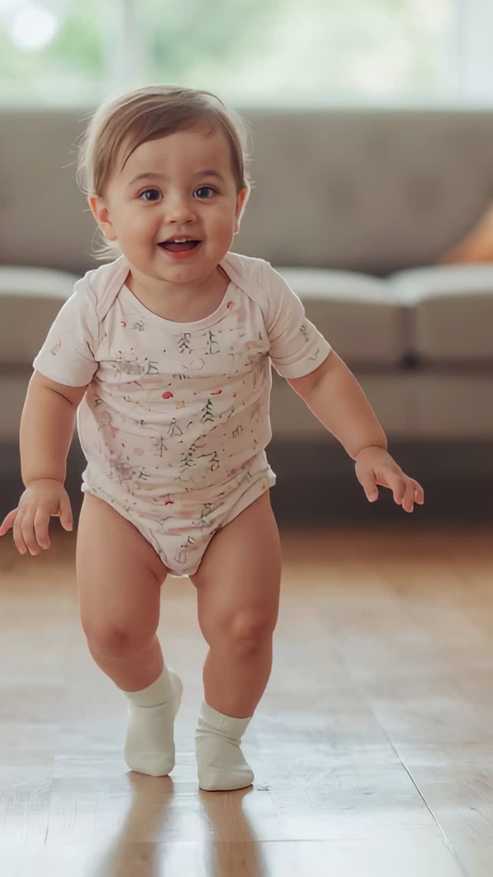Vertical video: Walking toddler in onesie taking steps toward lens after parent calls, at home