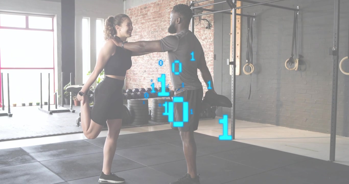 Trainer guiding client leg stretch in gym with binary code, client tapping shoulders to swap roles
