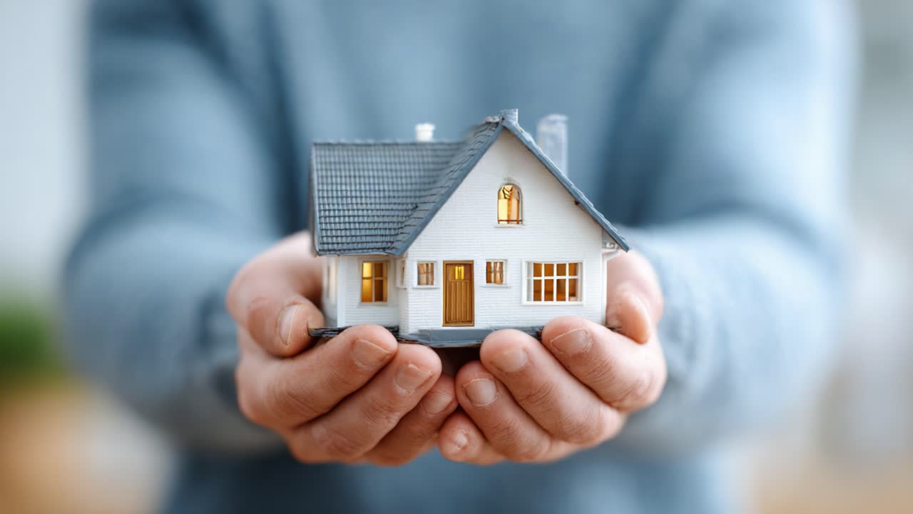 Una persona che tiene in mano un modello in miniatura di una casa accogliente mostra un simbolo di proprietà della casa, comfort e la gioia di possedere una proprietà