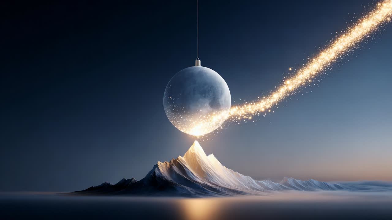 A captivating scene showcasing a dazzling ornament suspended above a majestic mountain peak, releasing a trail of sparkling magic into the twilight sky, merging nature with enchanting dreamlike elements