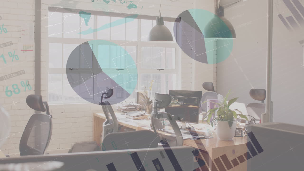 사무실의 책상에 있는 컴퓨터를 통해 그래프와 데이터 처리를 하는 애니메이션