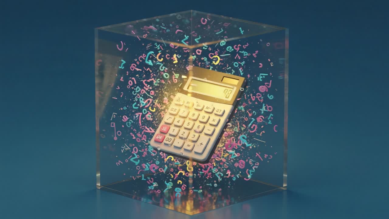 A Creative Representation of Mathematical Concepts: A Calculator Surrounded by Floating Numbers and Symbols in a Glass Cube Setting