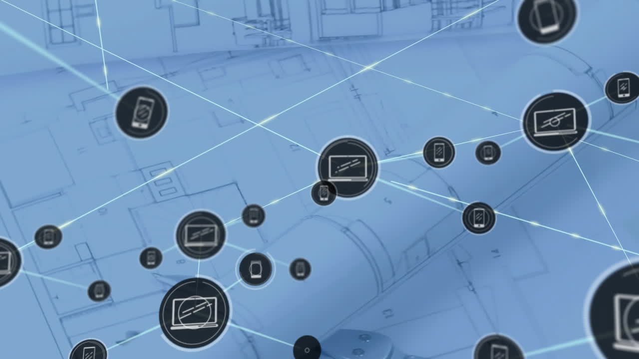 Animation of network with connected devices and data icons on blueprint background