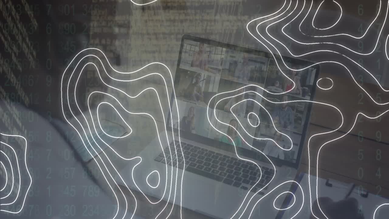 Animation of white moving lines over person using laptop