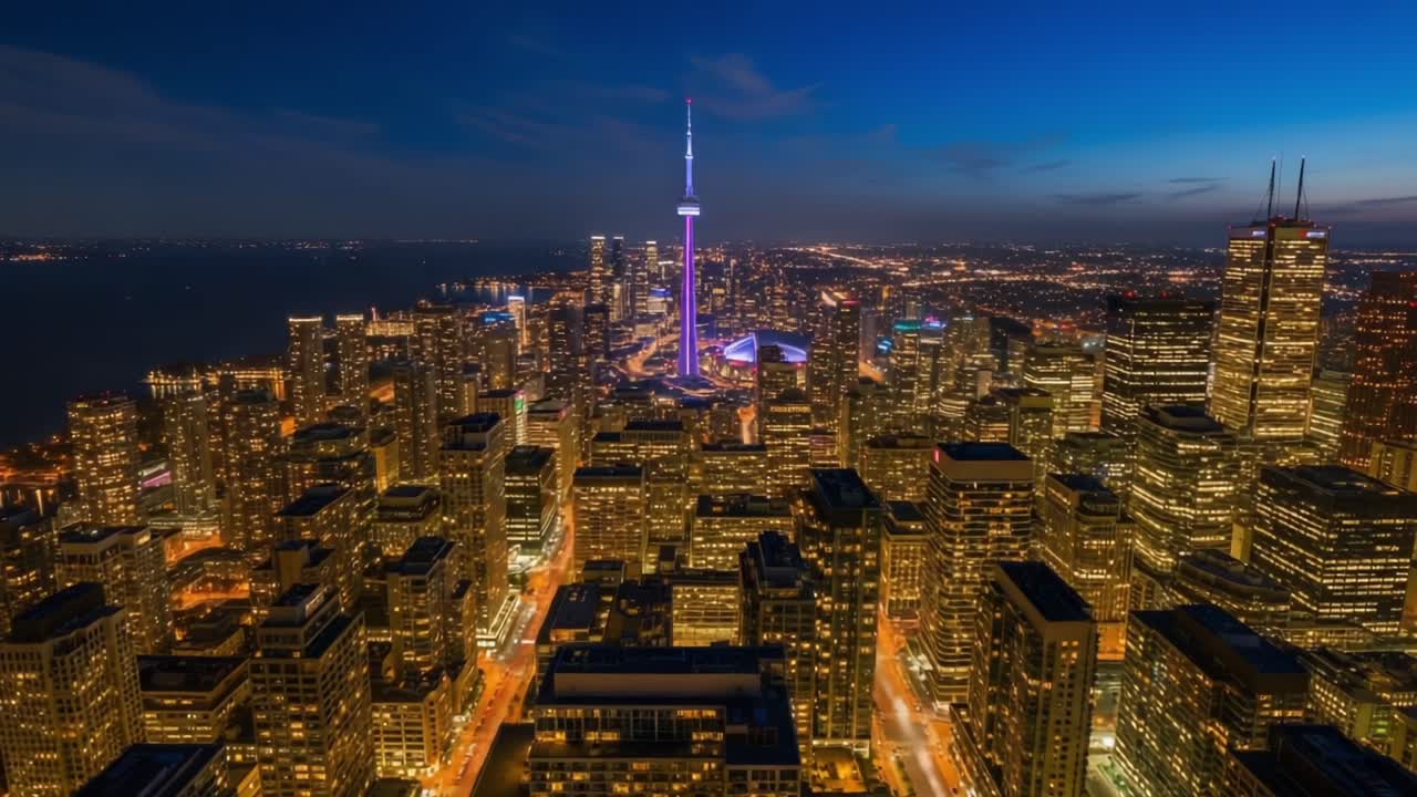 Stunning Nighttime Aerial View of a Bustling City Skyline Highlighted by Towering Skyscrapers, Vibrant Lights, and Iconic Structures Against a Twilight Background