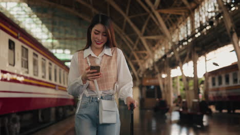 woman at train station using smartphone