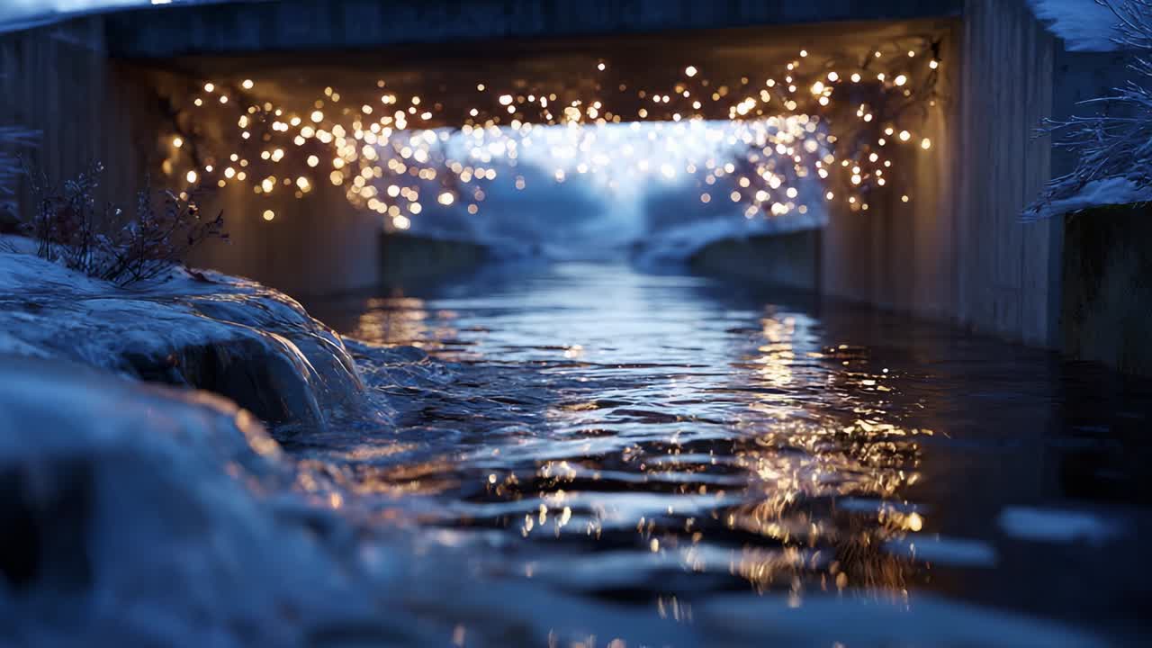 A Serene Winter Scene Featuring an Enchanting Stream Flowing Beneath a Bridge Adorned with Twinkling Fairy Lights, Creating a Magical Winter Wonderland Atmosphere in the Soft Glow of Dusk