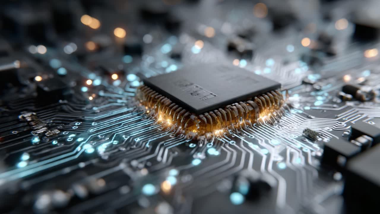 Close-up View of a Modern Microchip on a Circuit Board, Showcasing Intricate Patterns and Glowing Connections Illuminating the Technology Landscape