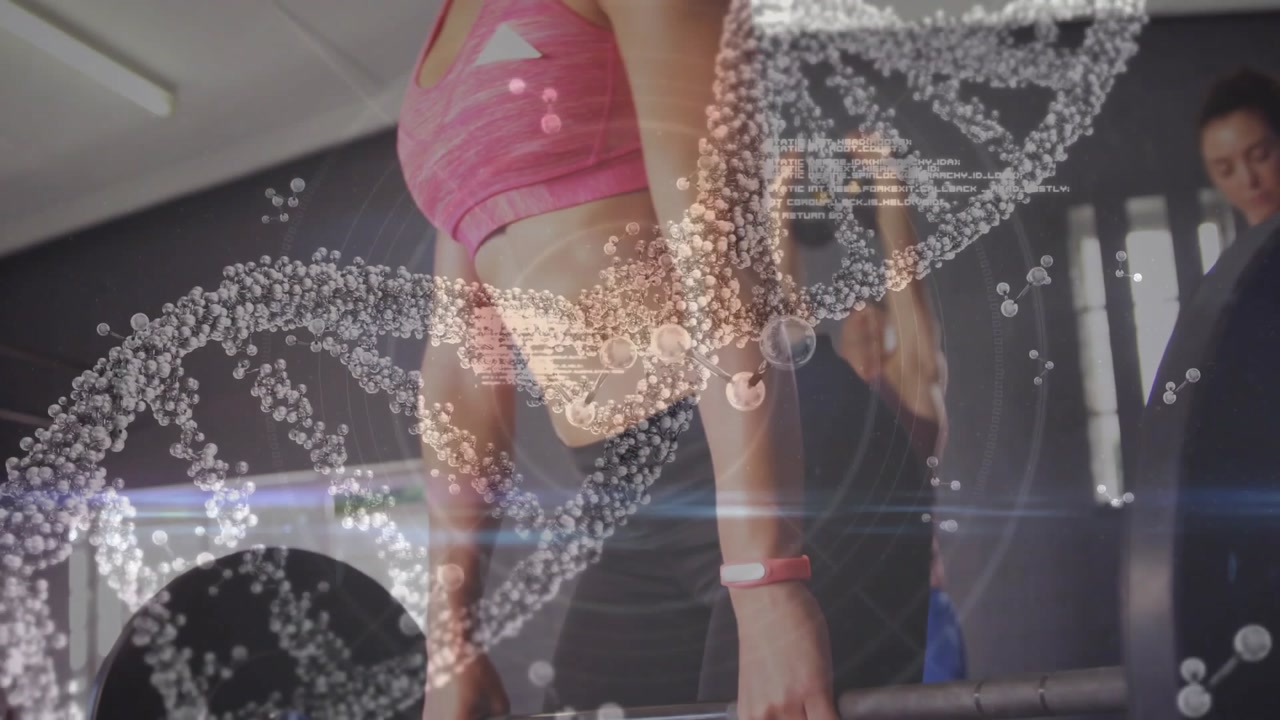 Woman gripping barbell lifting in gym, training strength, animated DNA overlay obscuring subjects