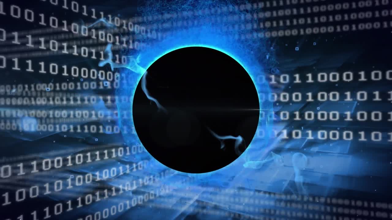 animación del patrón de onda alrededor del globo negro sobre códigos binarios en bucle contra un fondo abstracto