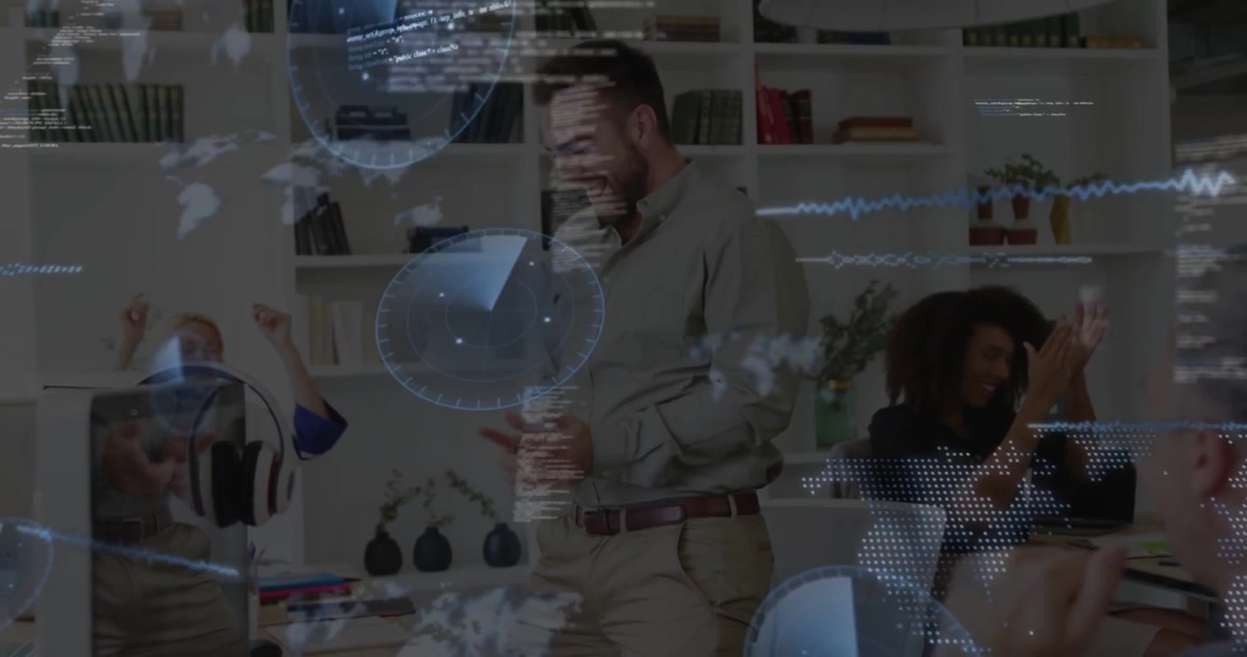 Vertical video: Celebrating man in shirt holding bottle, team clapping in office with tech overlay
