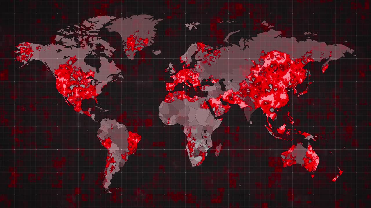 animación del mapa del mundo y los países se vuelven rojos a través de círculos en un fondo oscuro