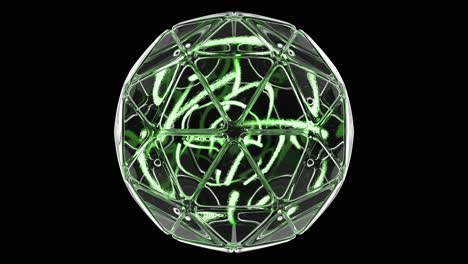 esfera de vidrio geométrica futurista construida a partir de triángulos. luces de neón moviéndose dentro de la bola. patrón sin costuras con canal alfa.
