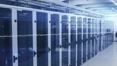animación del procesamiento de datos y punto de luz contra la sala de servidores de computadoras