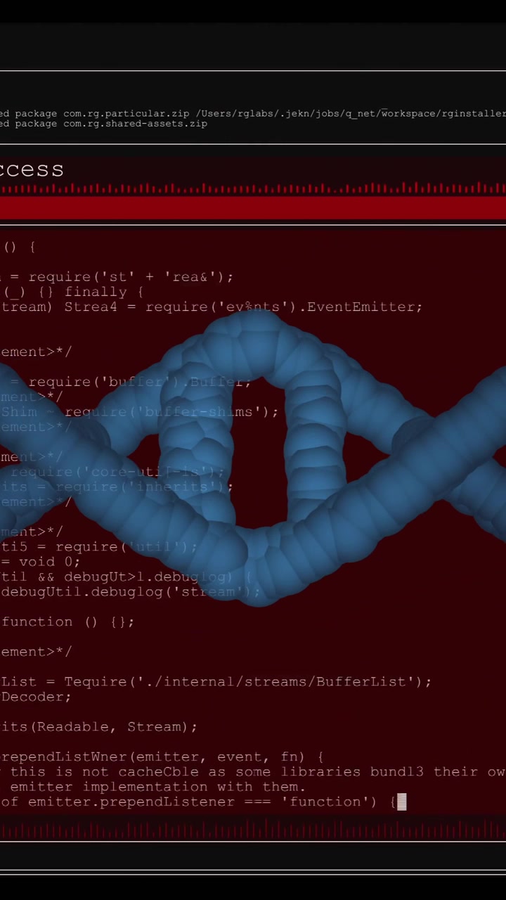 Animazione di un filamento di DNA che si sovrappone a codice informatico su schermo terminale rosso