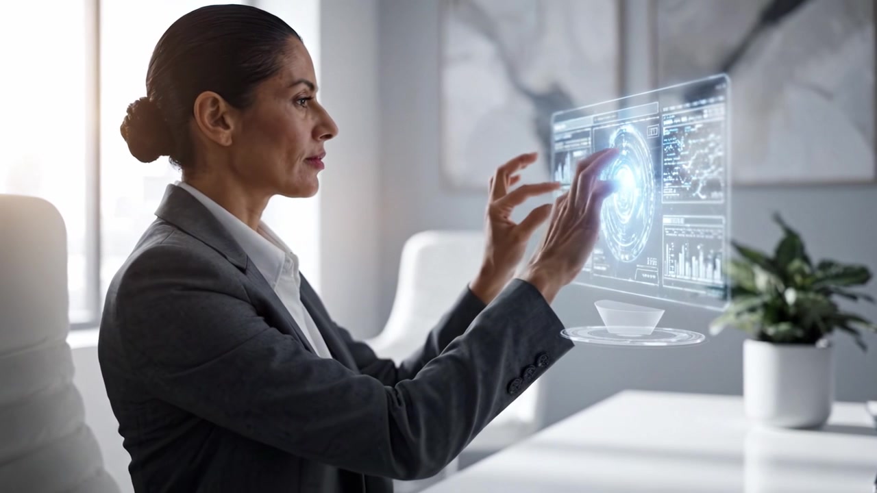 Professional businesswoman engaging with advanced technology in a modern office environment, displaying data visualization and analytics on a futuristic interface.