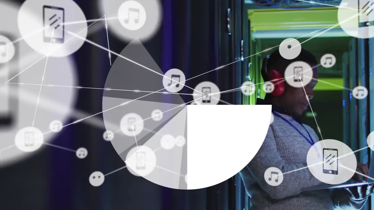 Animation of network of connections over african american male worker in server room