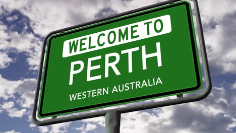 Welcome-to-Perth,-Western-Australia,-City-Road-Sign,-Realistic-3D-Animation