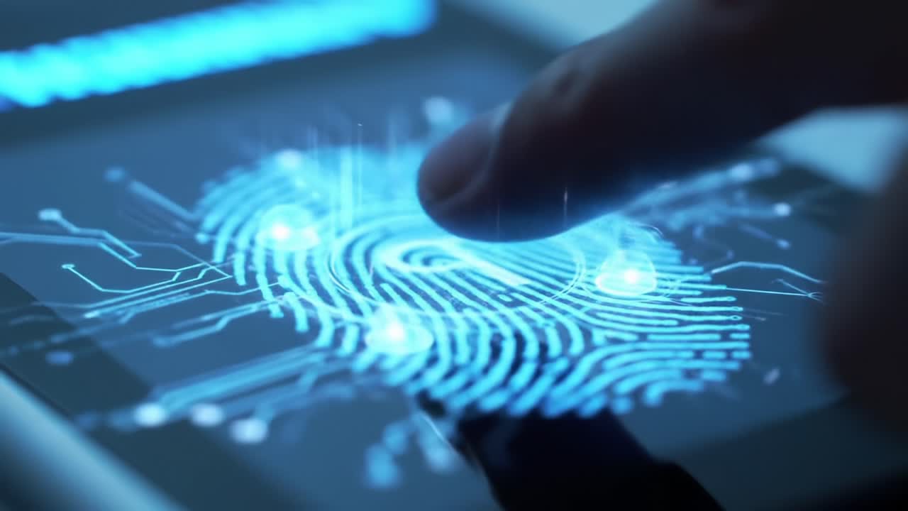 Advanced Biometric Technology: A Detailed View of a Digital Fingerprint Scanner Displaying Encrypted Data and Security Features for Authentication