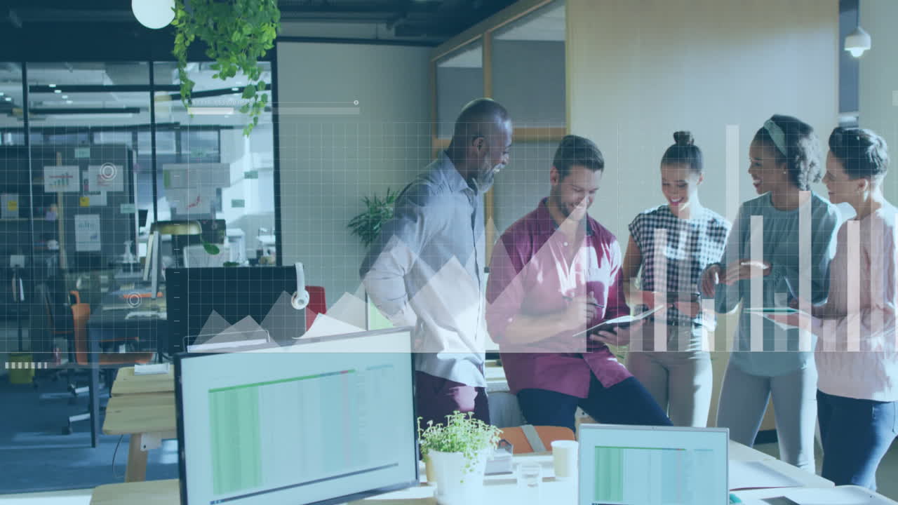 Animation of financial data processing over diverse business people in office