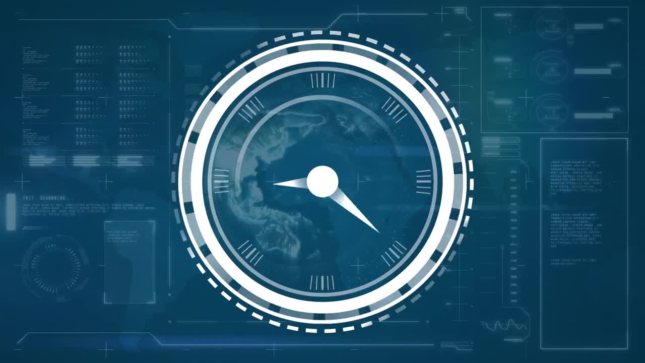 Animation of ticking clock over interface with globe and data processing against blue background