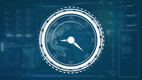 animation of ticking clock over interface with globe and data processing against blue background