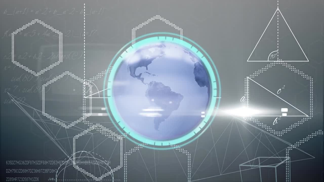 시계 이상으로 빠르게 움직이는 지구와 기하학적 모양의 애니메이션