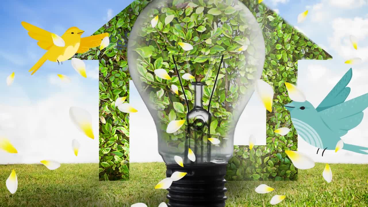 지구 행성, 집 및 하늘 배경의 새와 함께 전구의 애니메이션