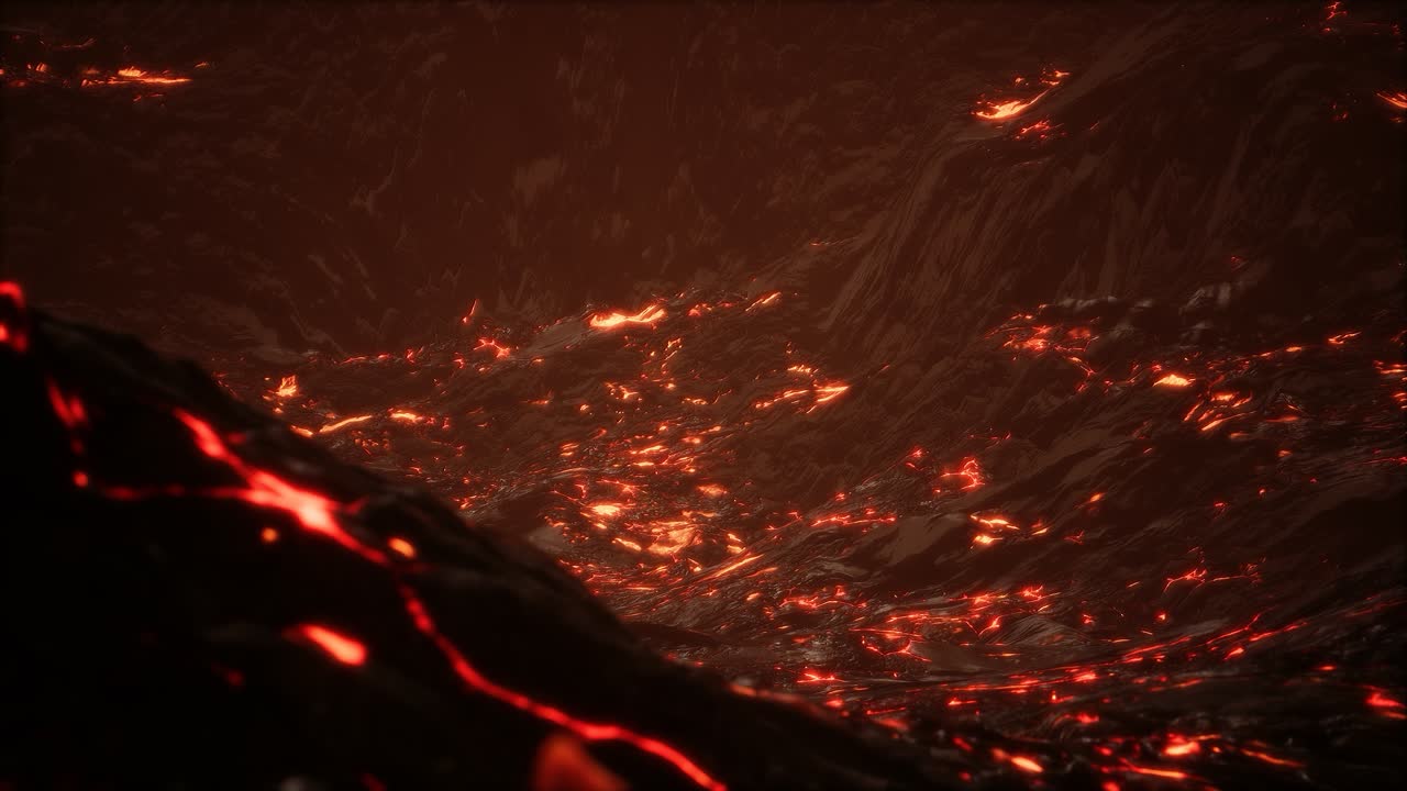 Red Orange vibrant Molten Lava flowing onto grey lavafield and glossy rocky land