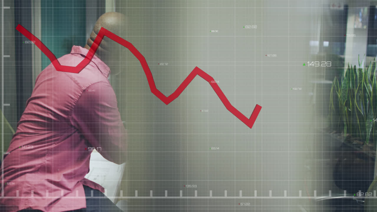 Animation of financial data processing over diverse business people discussing work at office