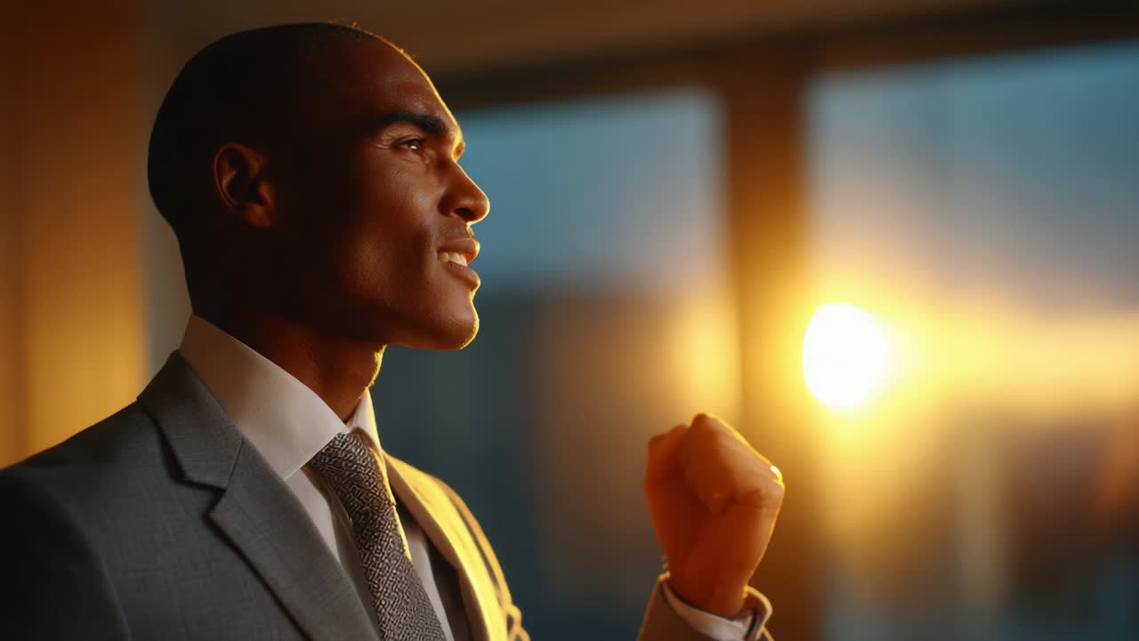 A determined businessman stands against a backdrop of a glowing sunset, projecting confidence and ambition as he enthusiastically expresses a positive affirmation, symbolizing hope and success