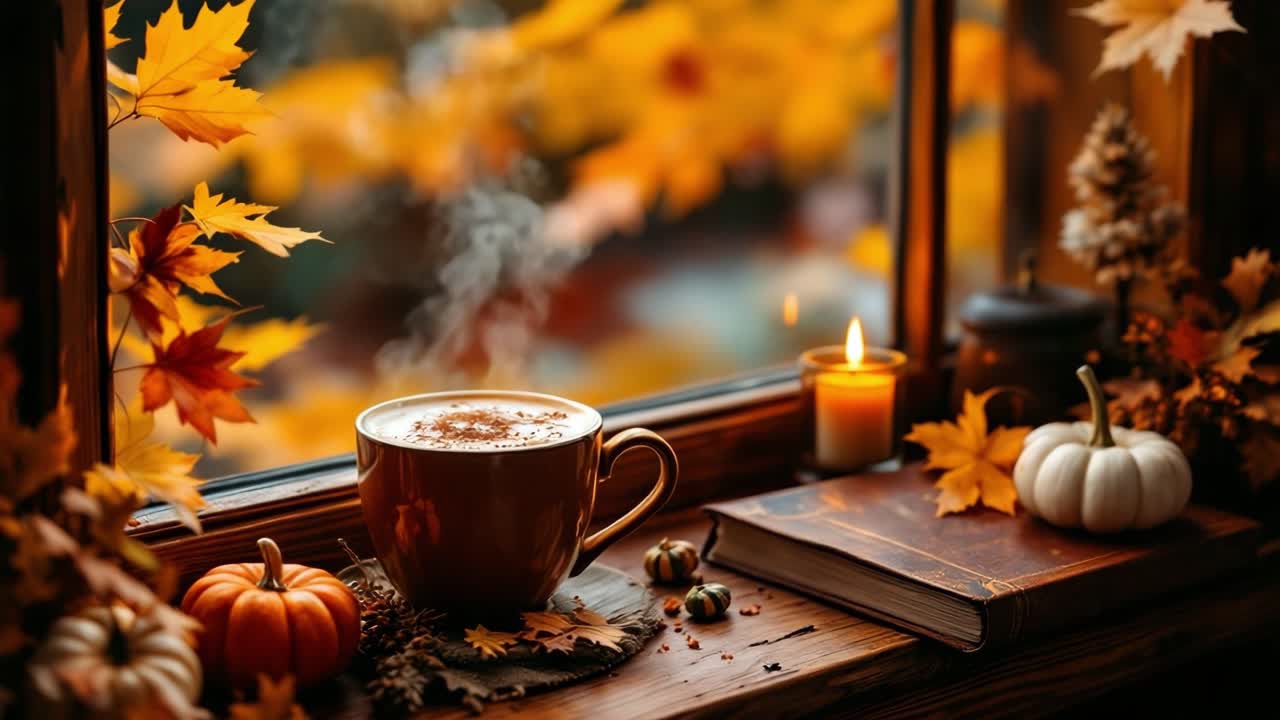 Warm autumnal composition with steaming cup of coffee, pumpkins, candle and book on a windowsill, surrounded by colorful fall leaves, creating a cozy and inviting atmosphere