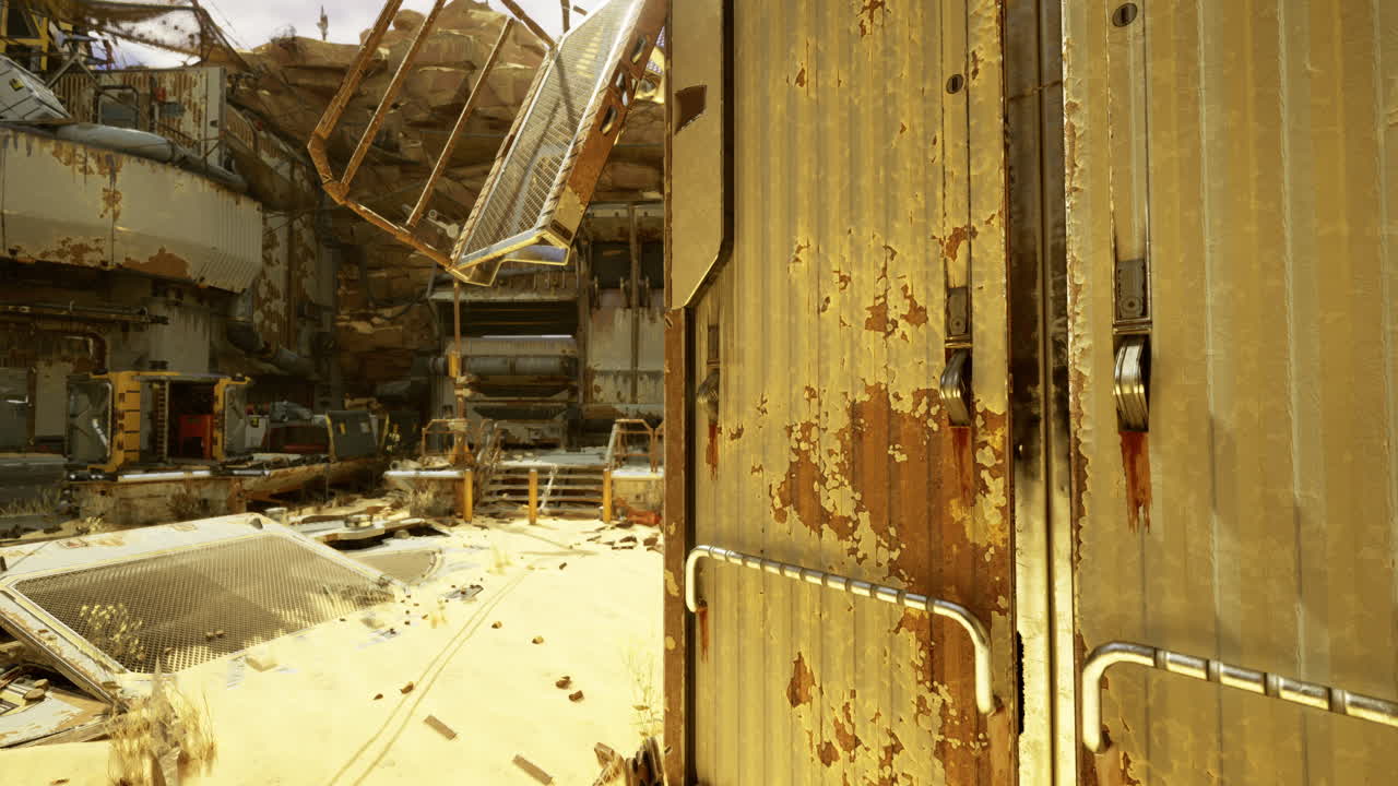 Interior of a weathered industrial facility showing rust and decay