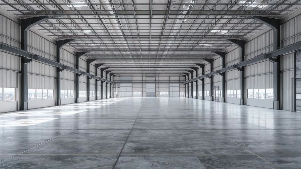 Showing empty hangar with exposed trusses, sunlight shifting from side windows, reflecting on floor