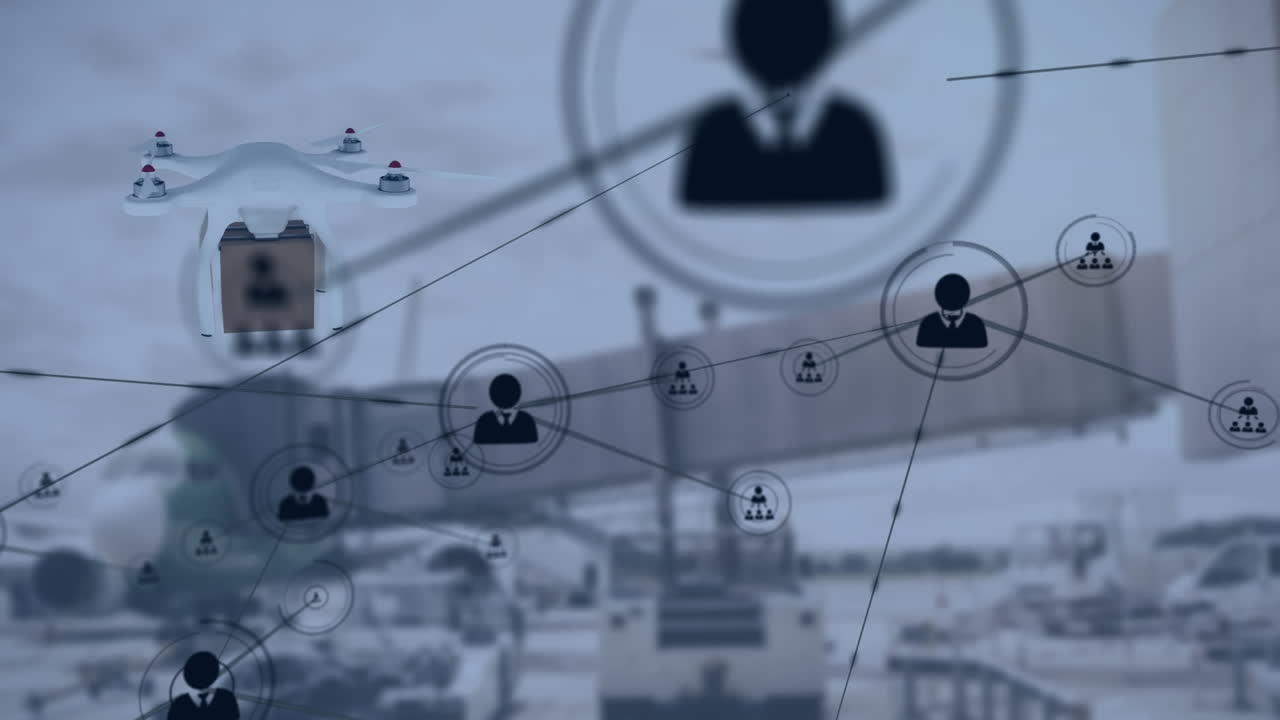 animación de la red de conexiones con iconos sobre drones que llevan paquetes