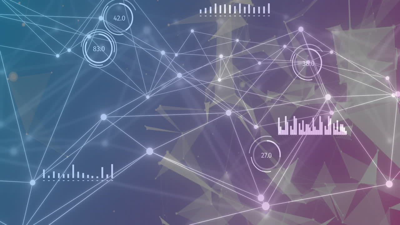 Animation of network of connections over data processing on purple background