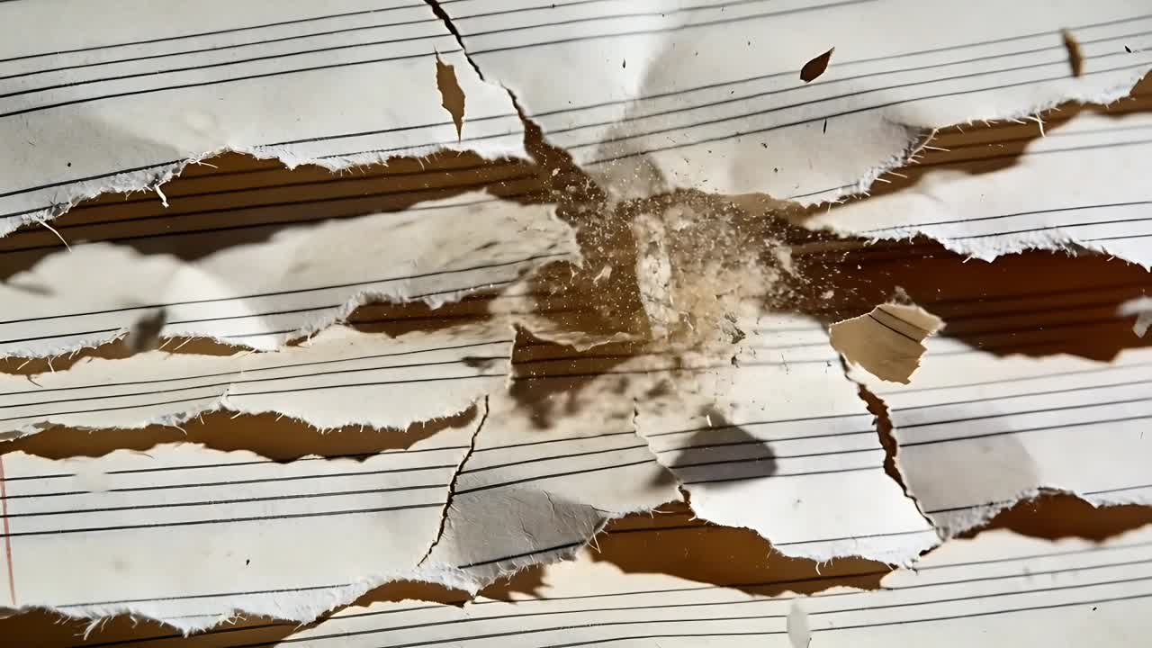 Sudden burst ejecting paper shards from printed staff paper sheet on brown surface, dust settling
