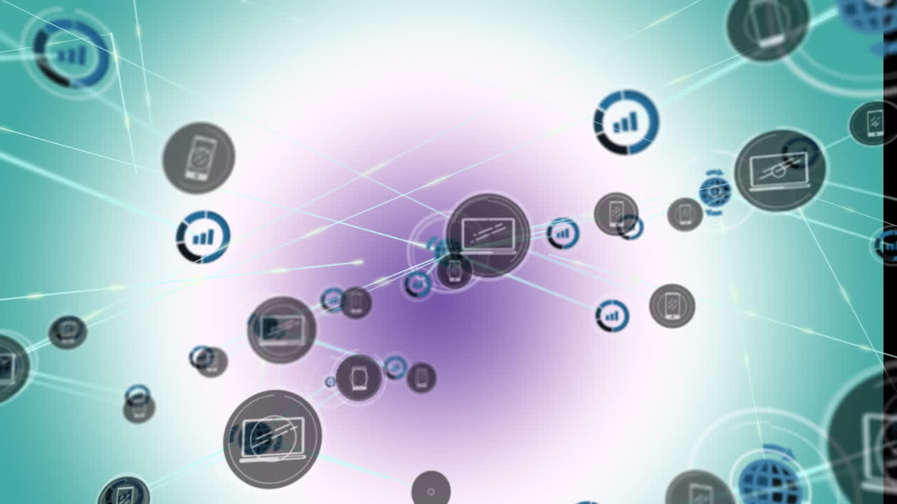 파란색과 보라색 그라디언트 배경에 대한 디지털 아이콘 네트워크의 애니메이션