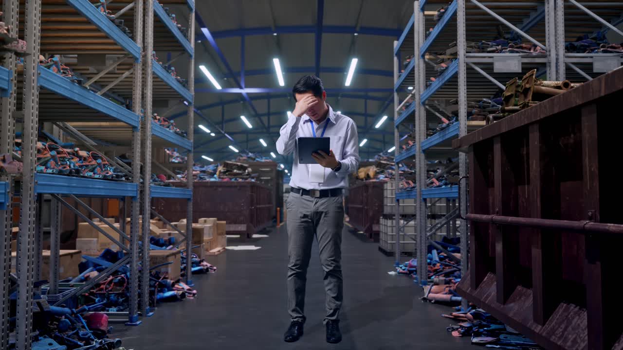 Ritratto a figura intera di un lavoratore professionista asiatico in piedi con il suo tablet, in un magazzino industriale di rottami metallici e riciclaggio. Digita e, deluso, annuisce con la testa.