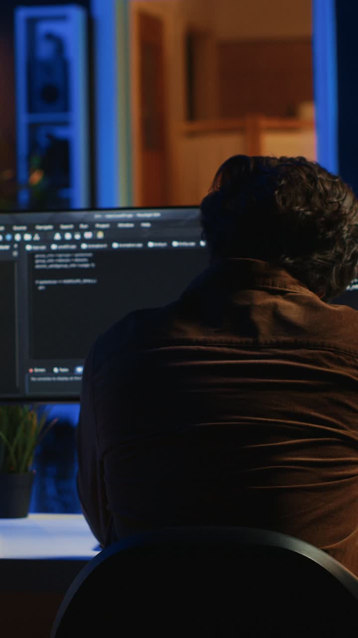 Male Developer Working Late Night on Computer Screens with Code