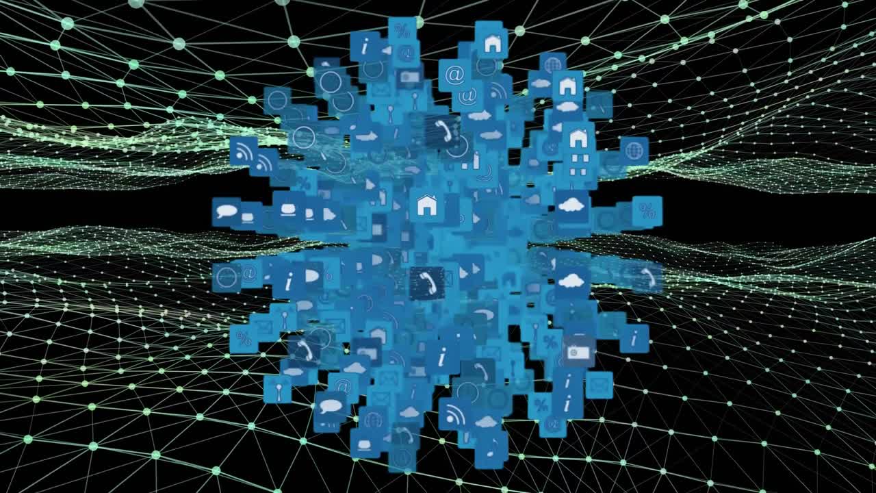 Globe of digital icons against digital waves