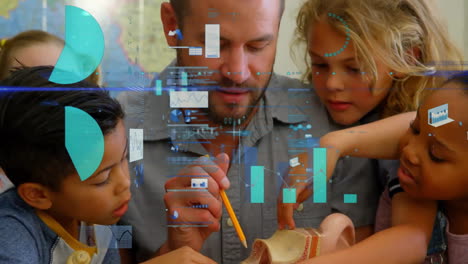 animation of data processing over diverse male teacher and schoolchildren in biology class