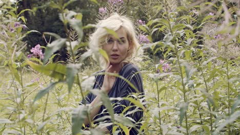 dreamy, voyeuristic shot of a seductive blonde woman posing in a field of wild flowers