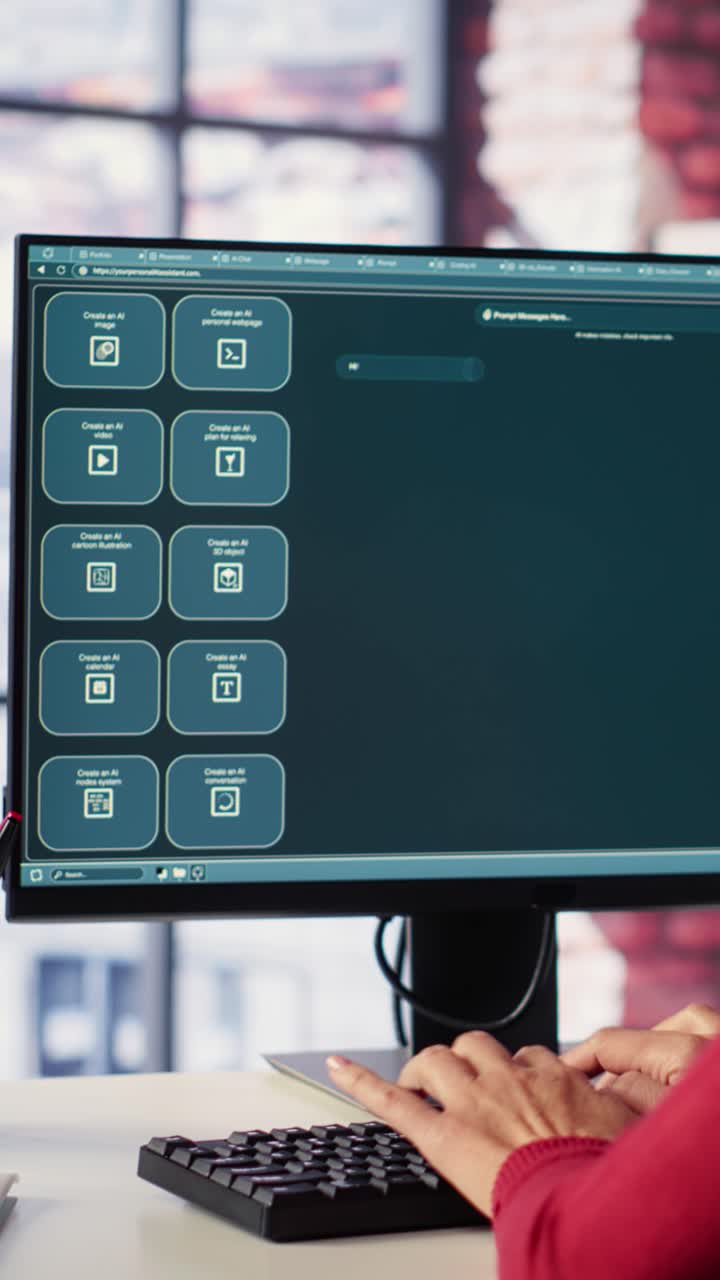 Vertical Video Focused woman working with an AI chatbot on her desktop computer