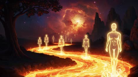 a mystical journey through a fiery landscape: ethereal figures embrace the flow of lava under a cosmic sky with glowing stars and majestic mountains